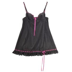 Vtg Victorias Secret Black Mesh Babydoll Chemise with Pink Trim and Bows 36B Y2K